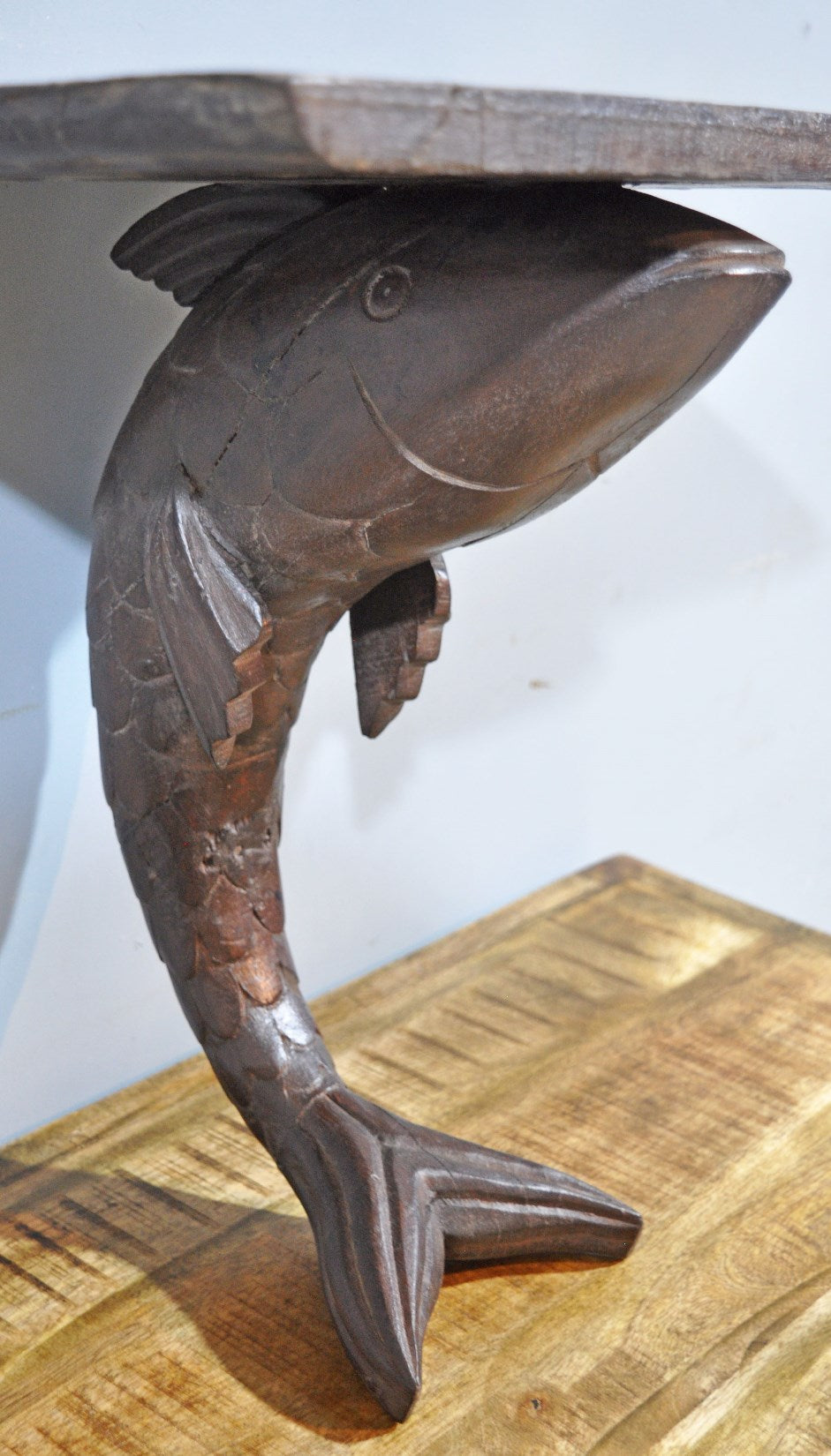 Antique Wooden Large Size Fish Shape Wall Hanging Shelf Original Old Hand Carved