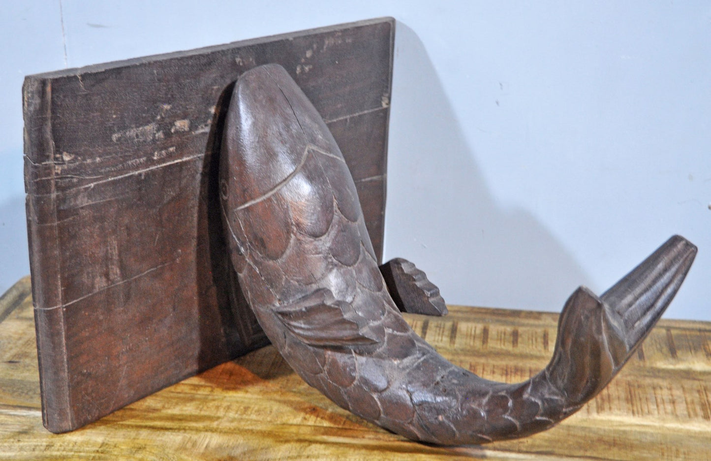 Antique Wooden Large Size Fish Shape Wall Hanging Shelf Original Old Hand Carved