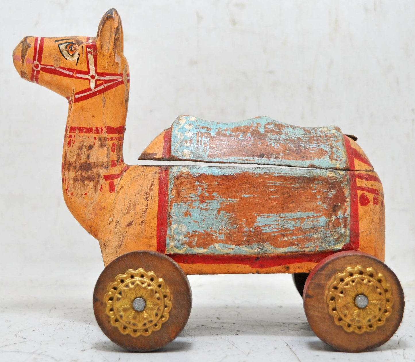 Vintage Wooden Camel on Wheels Figurine Spice Box Original Old Hand Carved Painted