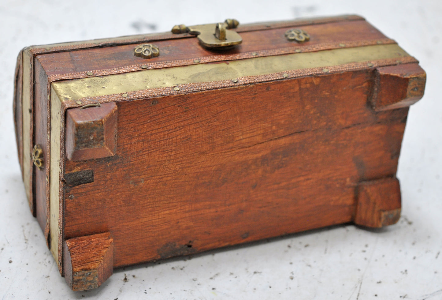 Vintage Wooden Half Round Top Small Jewelry Storage Box Original Old Brass Fitted