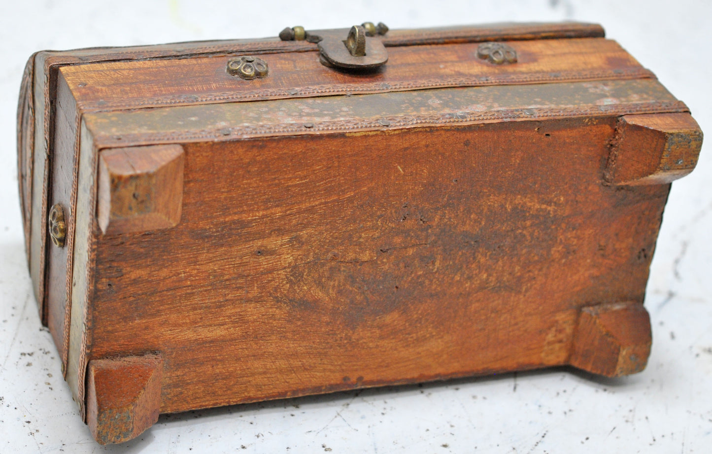 Vintage Wooden Half Round Top Small Jewelry Storage Box Original Old Brass Fitted