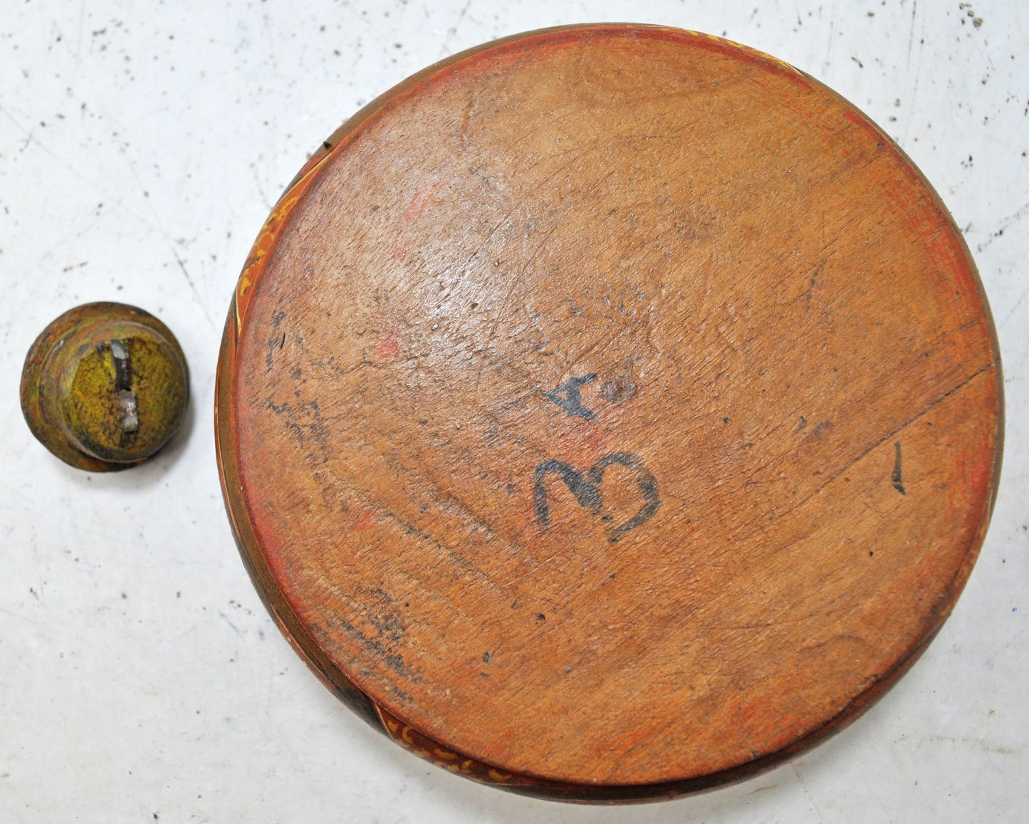 Antique Wooden Round Tobacco Opium Box Original Old Hand Carved Painted