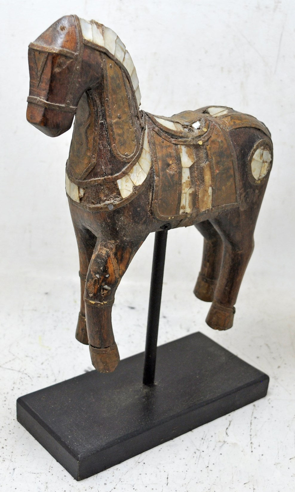 Antique Wooden Large Horse Figurine Original Old Hand Carved Brass Fitted