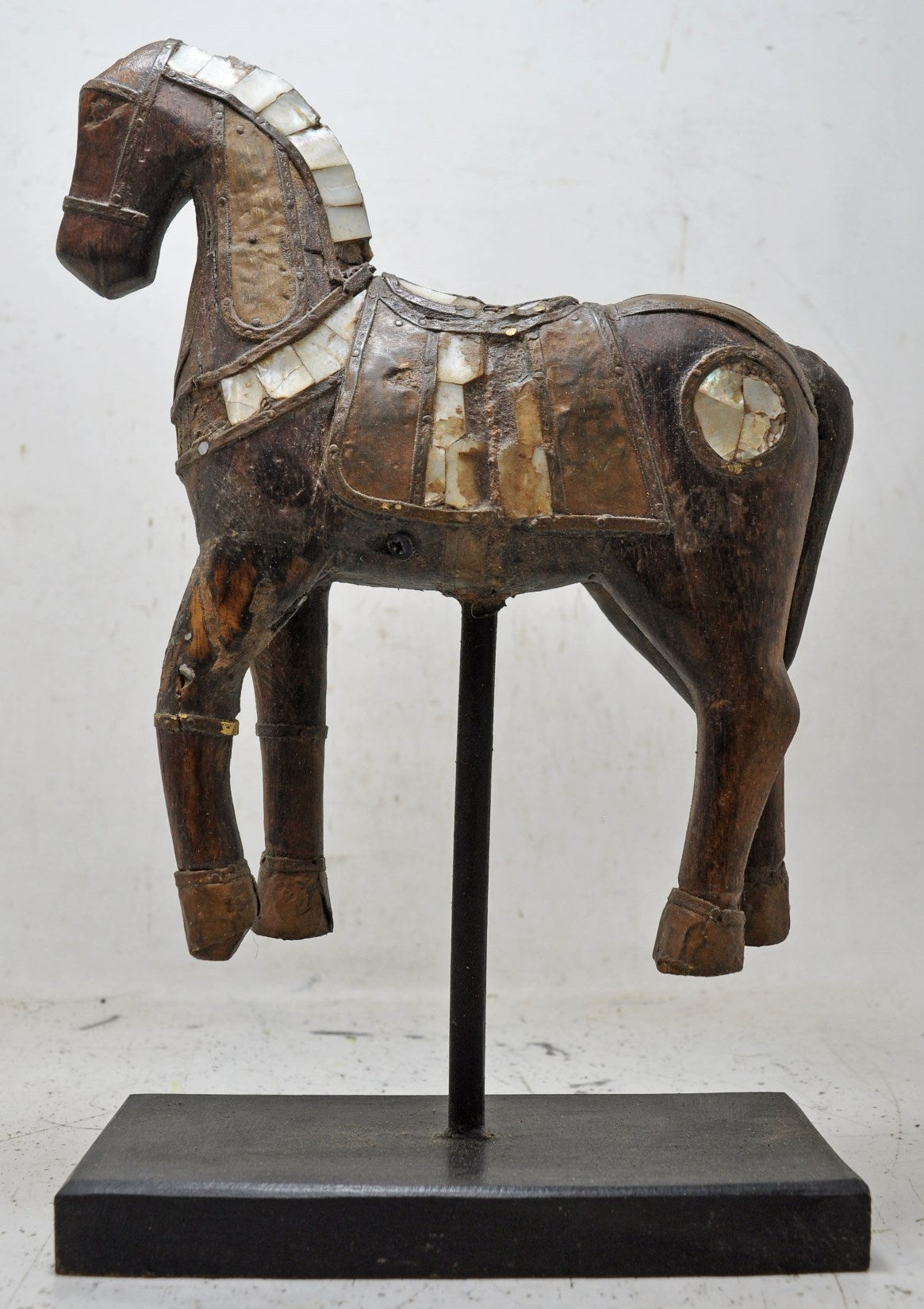 Antique Wooden Large Horse Figurine Original Old Hand Carved Brass Fitted
