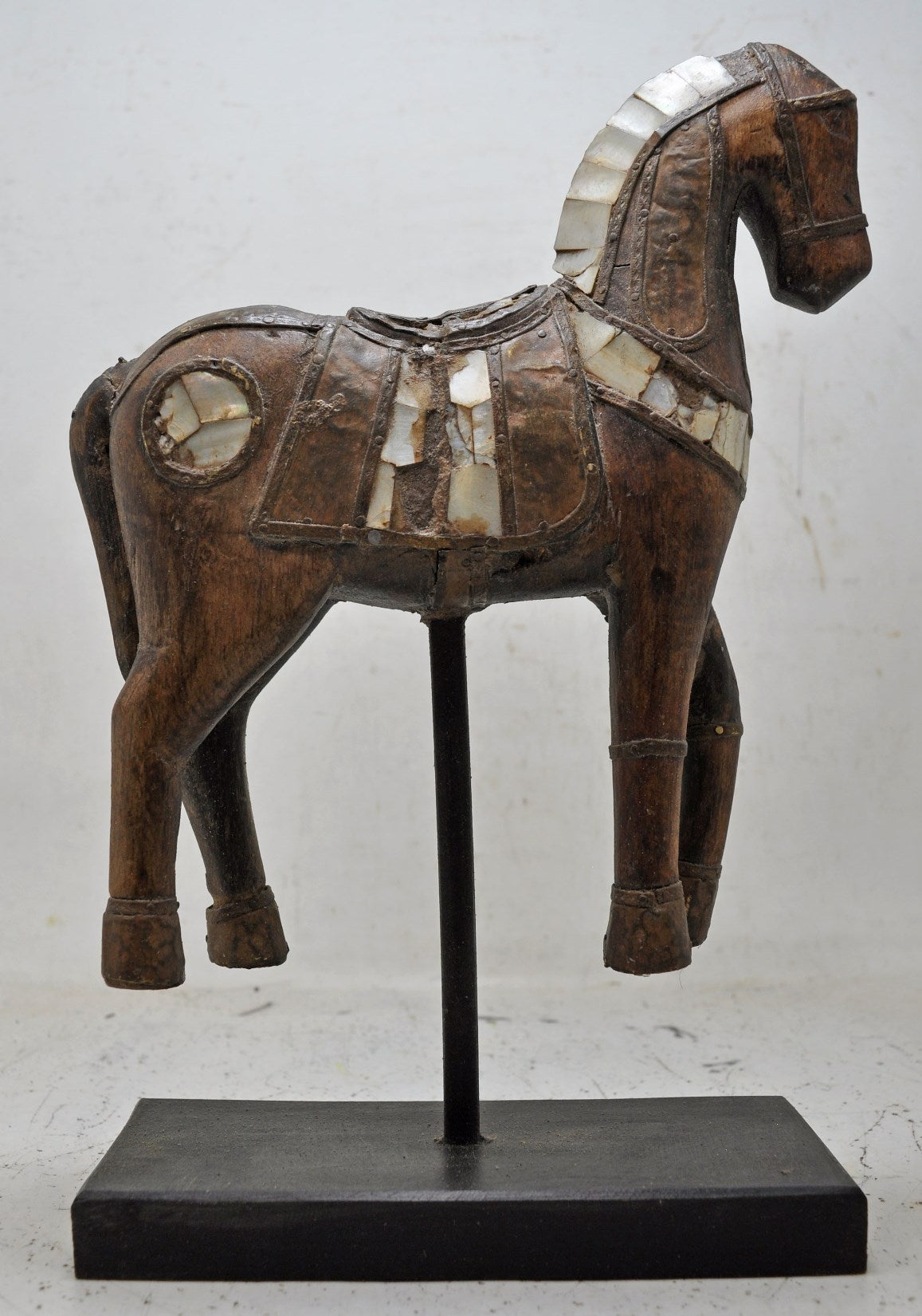 Antique Wooden Large Horse Figurine Original Old Hand Carved Brass Fitted