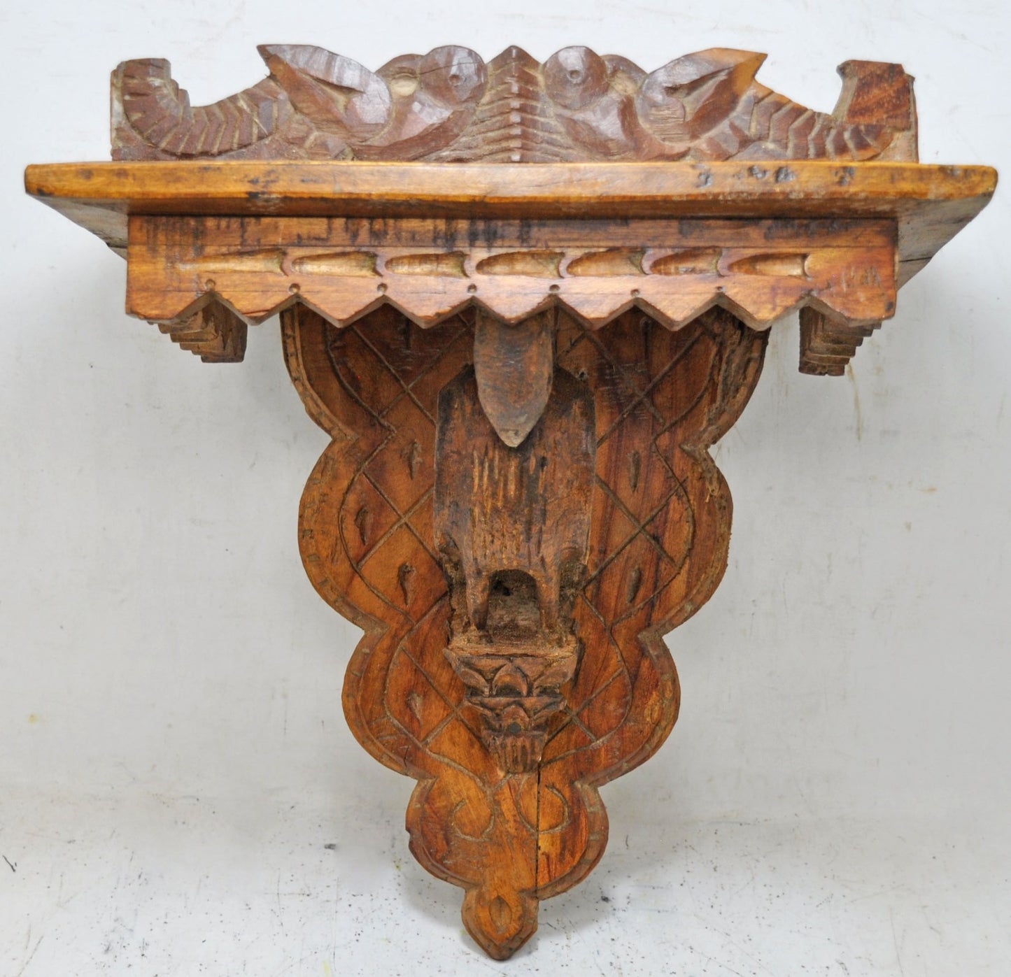 Antique Wooden Wall Décor Hanging Shelf Original Old Hand Carved