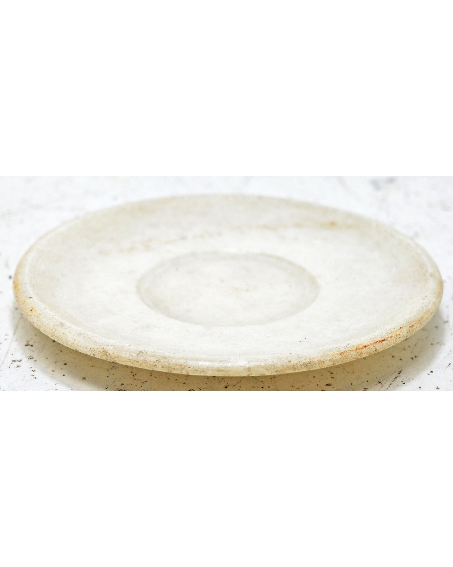 Antique White Marble Round Kitchenware Plate Original Old Hand Carved
