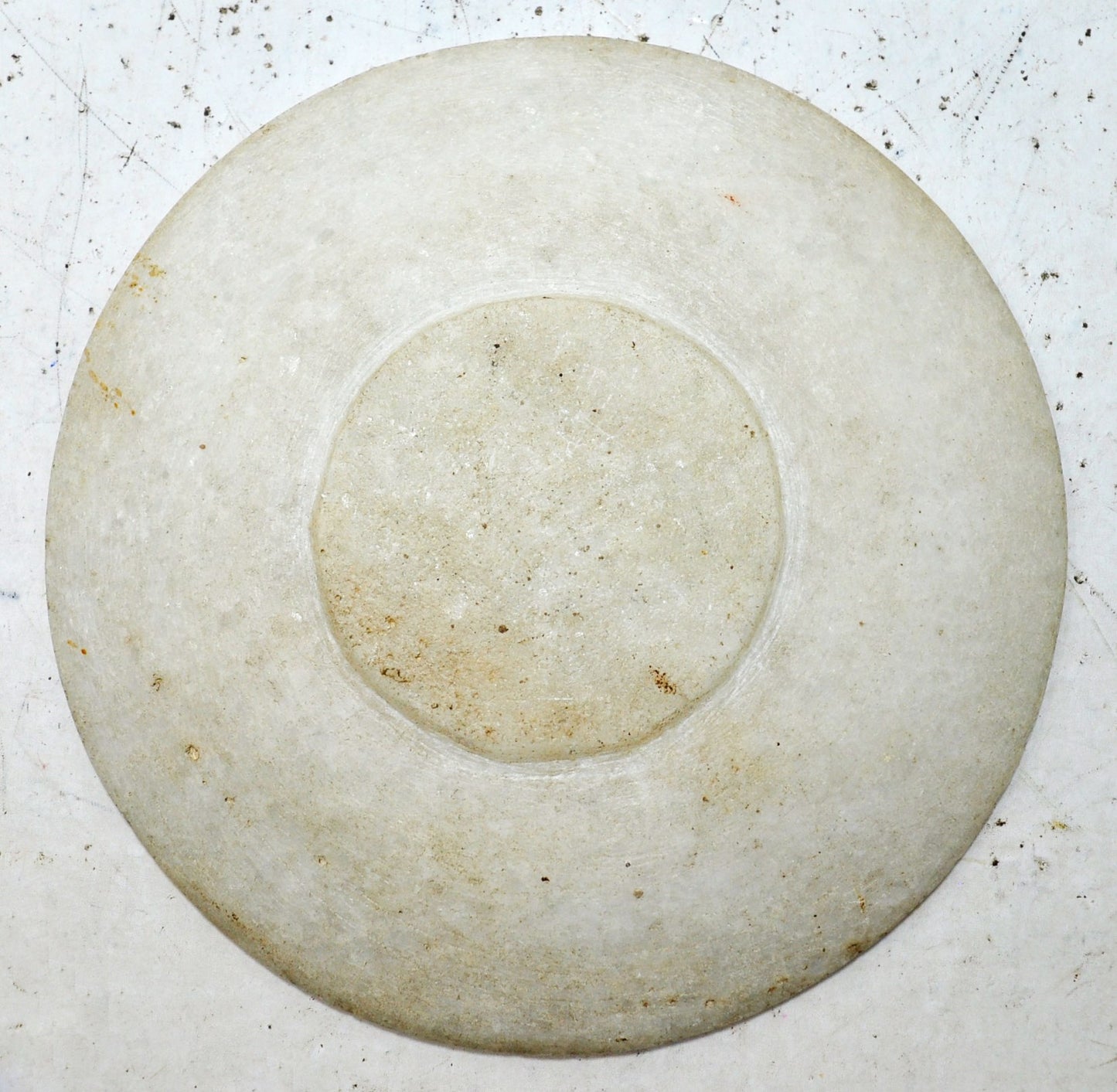 Antique White Marble Round Kitchenware Plate Original Old Hand Carved