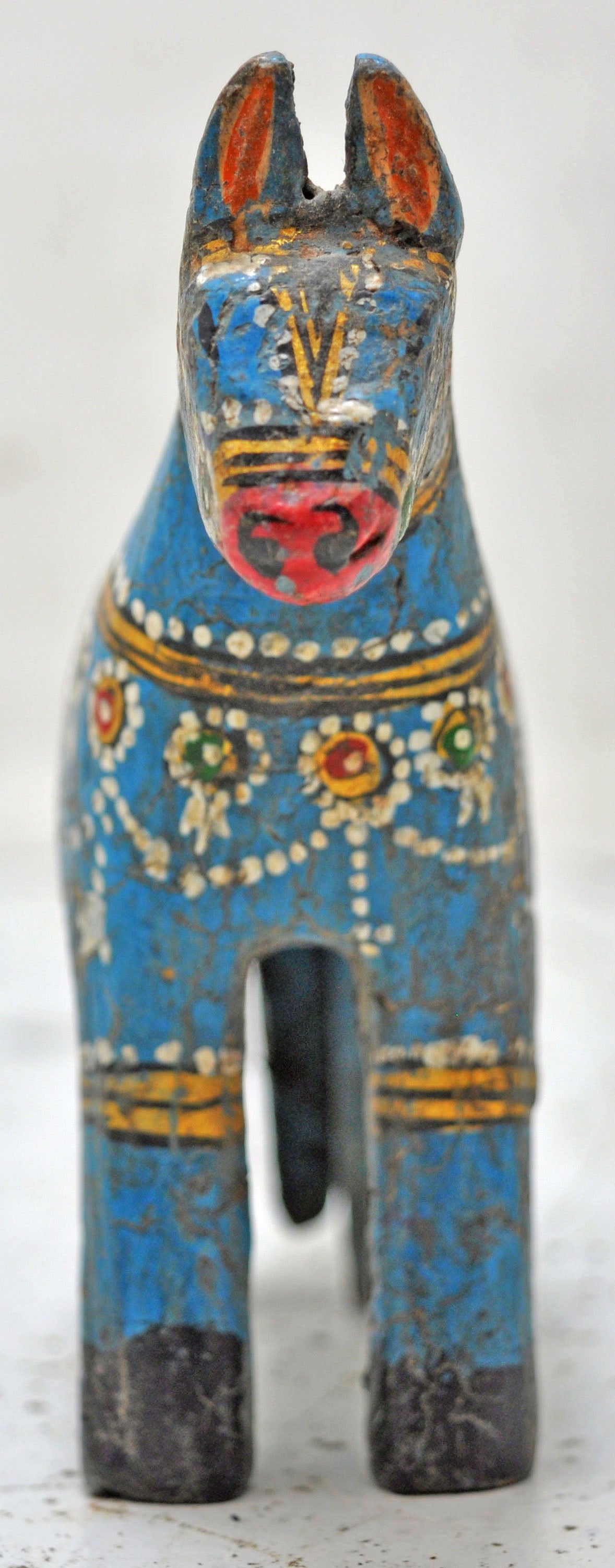 Hand Carved Wooden Small Horse Figurine Rustic Hand Painted Blue