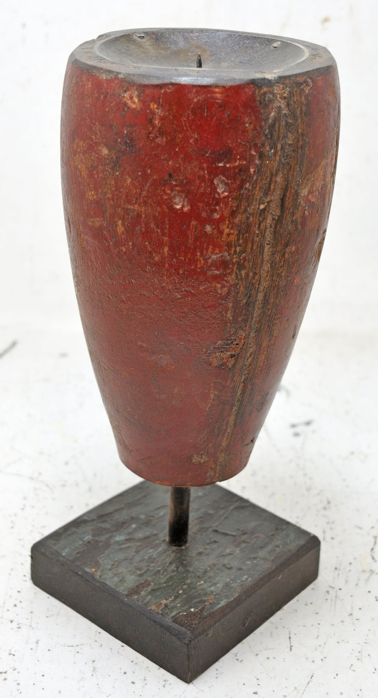 Antique Wooden Round Candle Holder Original Old Hand Carved