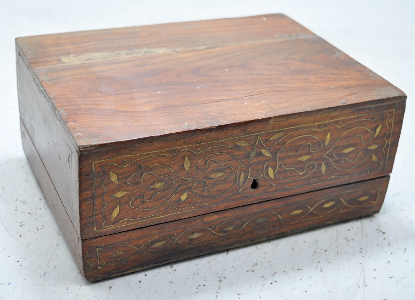Vintage Wooden Storage Chest Box Original Old Hand Crafted Fine Brass Inlay