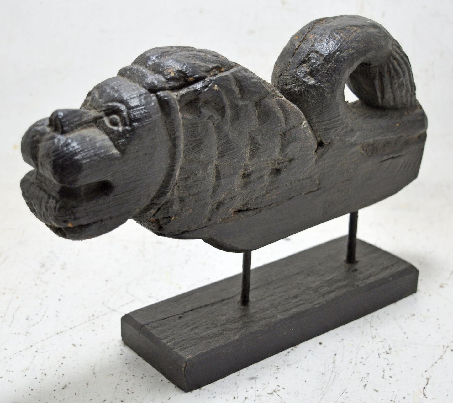 Antique Wooden Lion Figurine on Stand Original Old Hand Carved