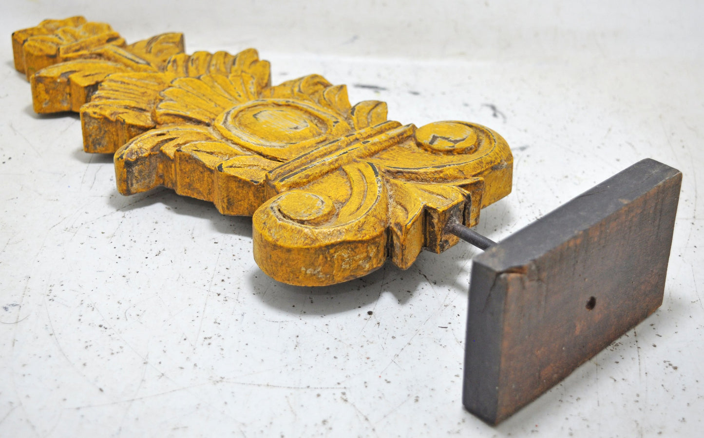 Hand Carved Wooden Decorative Floral Carving Panel Plaque Rustic Yellow Painted