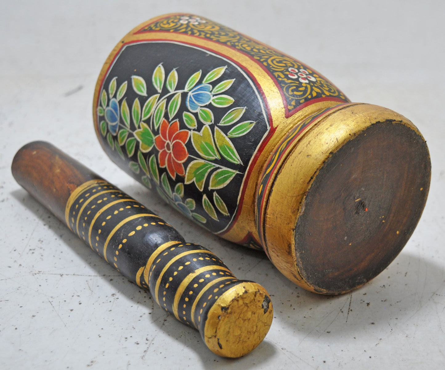 Vintage Wooden Motar and Pestle Spice Grinder Original Old Hand Carved New Painted