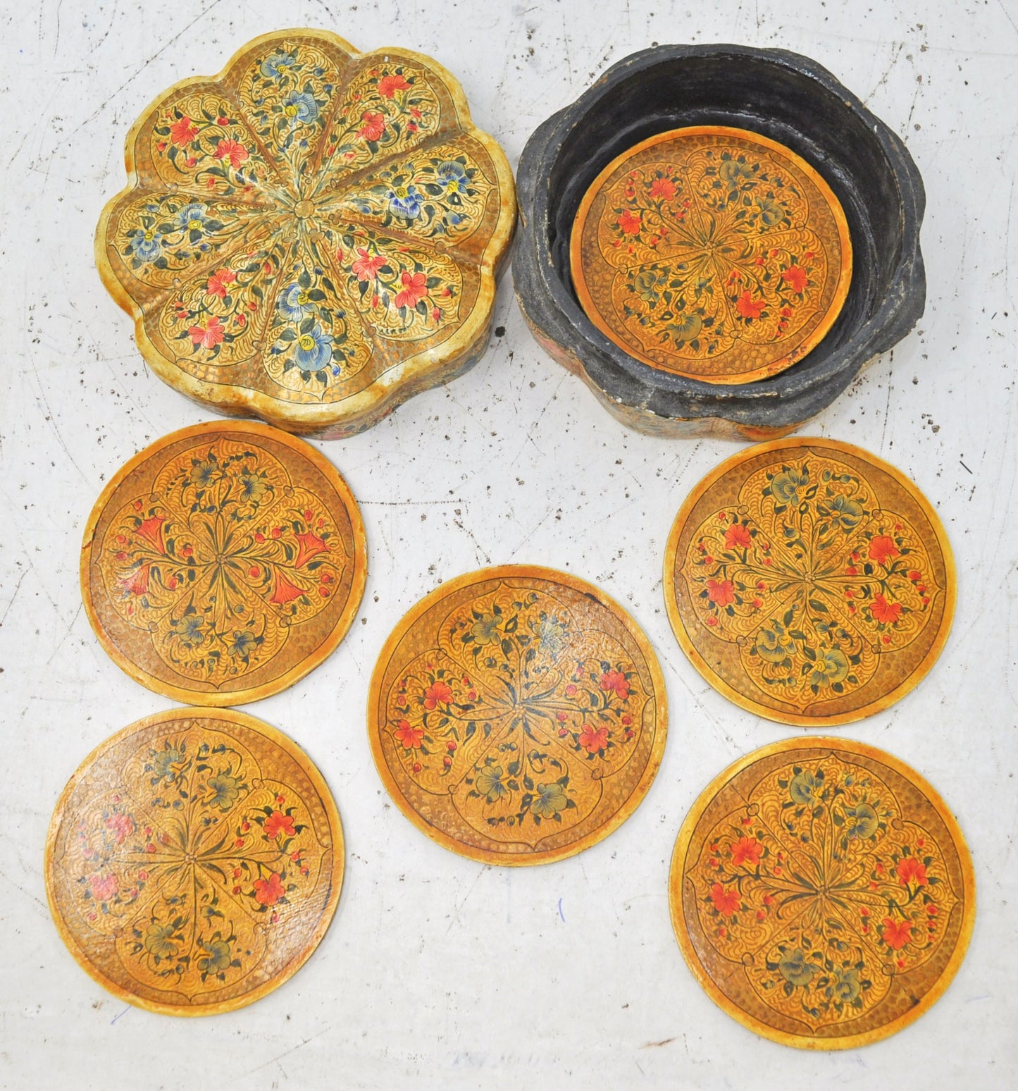 Vintage Wooden Papermache 6 Coasters Box Original Old Hand Crafted Fine Painted