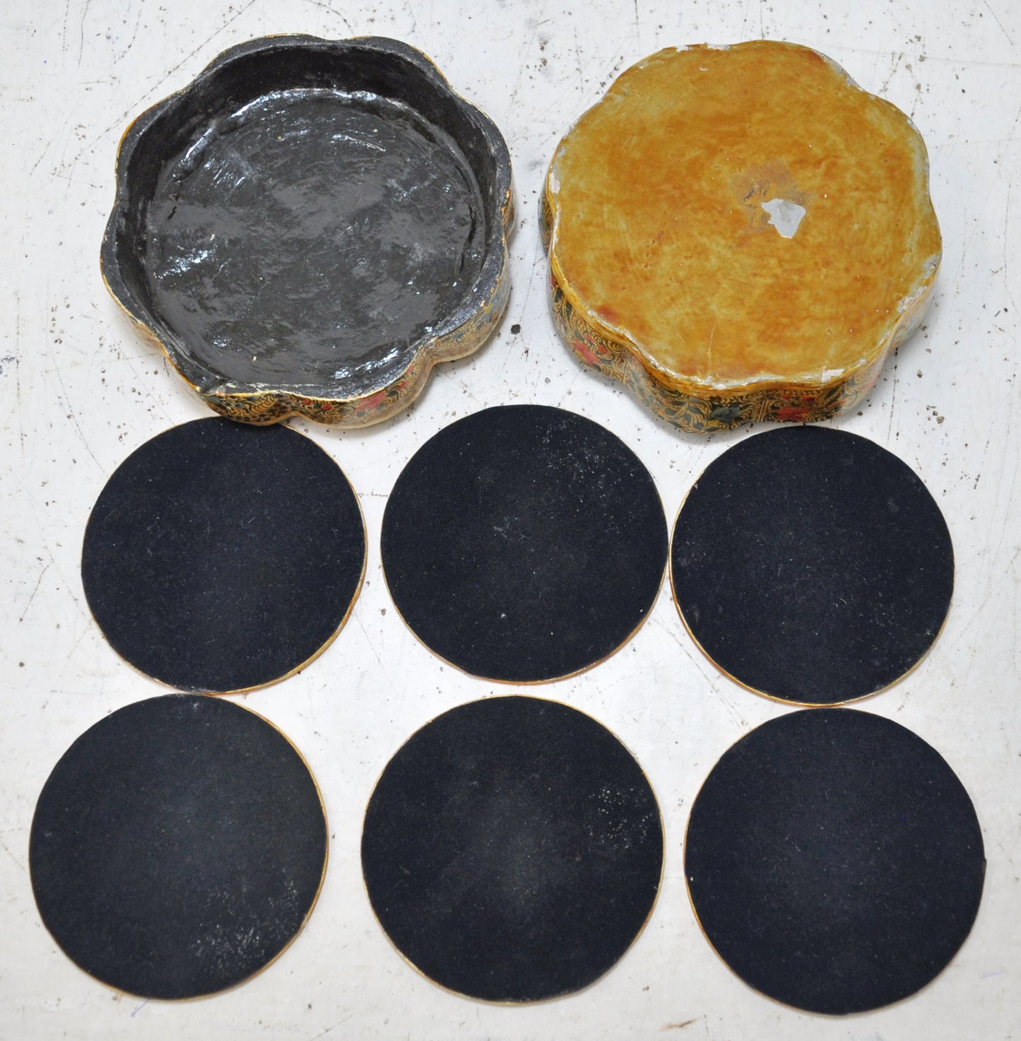 Vintage Wooden Papermache 6 Coasters Box Original Old Hand Crafted Fine Painted