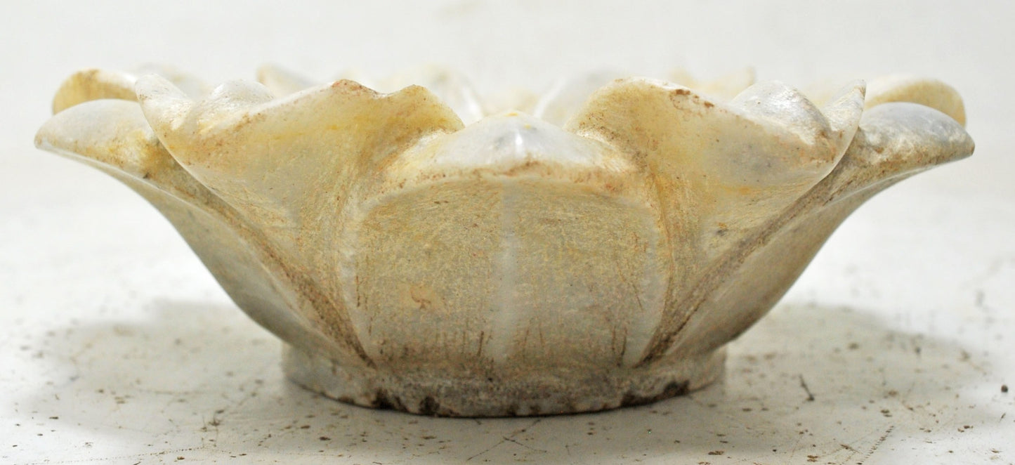 Vintage White Marble Lotus Shaped Flower Bowl Original Old Hand Carved