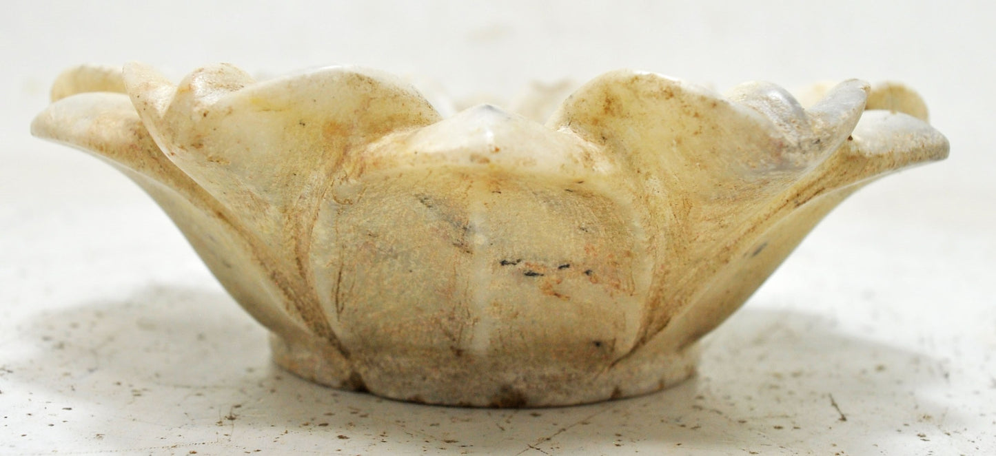 Vintage White Marble Lotus Shaped Flower Bowl Original Old Hand Carved