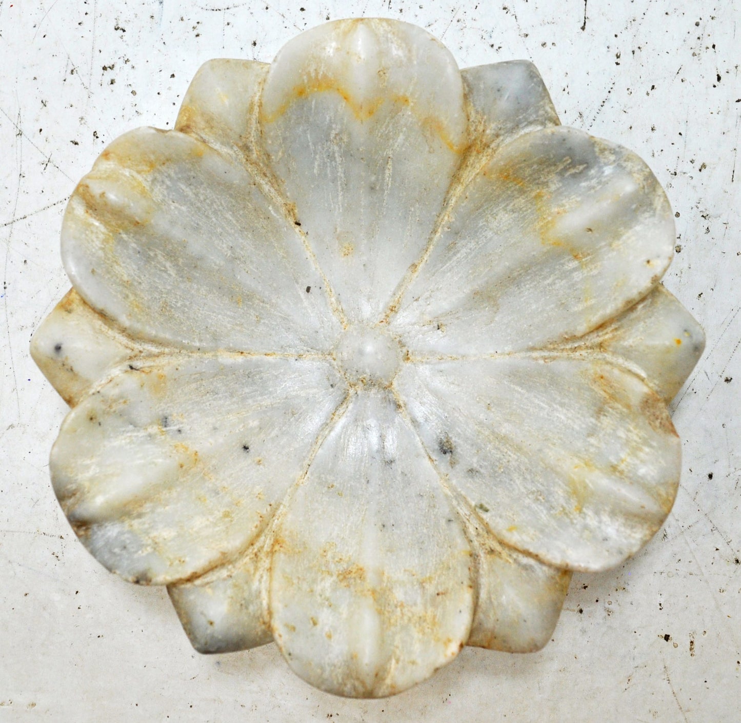 Vintage White Marble Lotus Shaped Flower Bowl Original Old Hand Carved