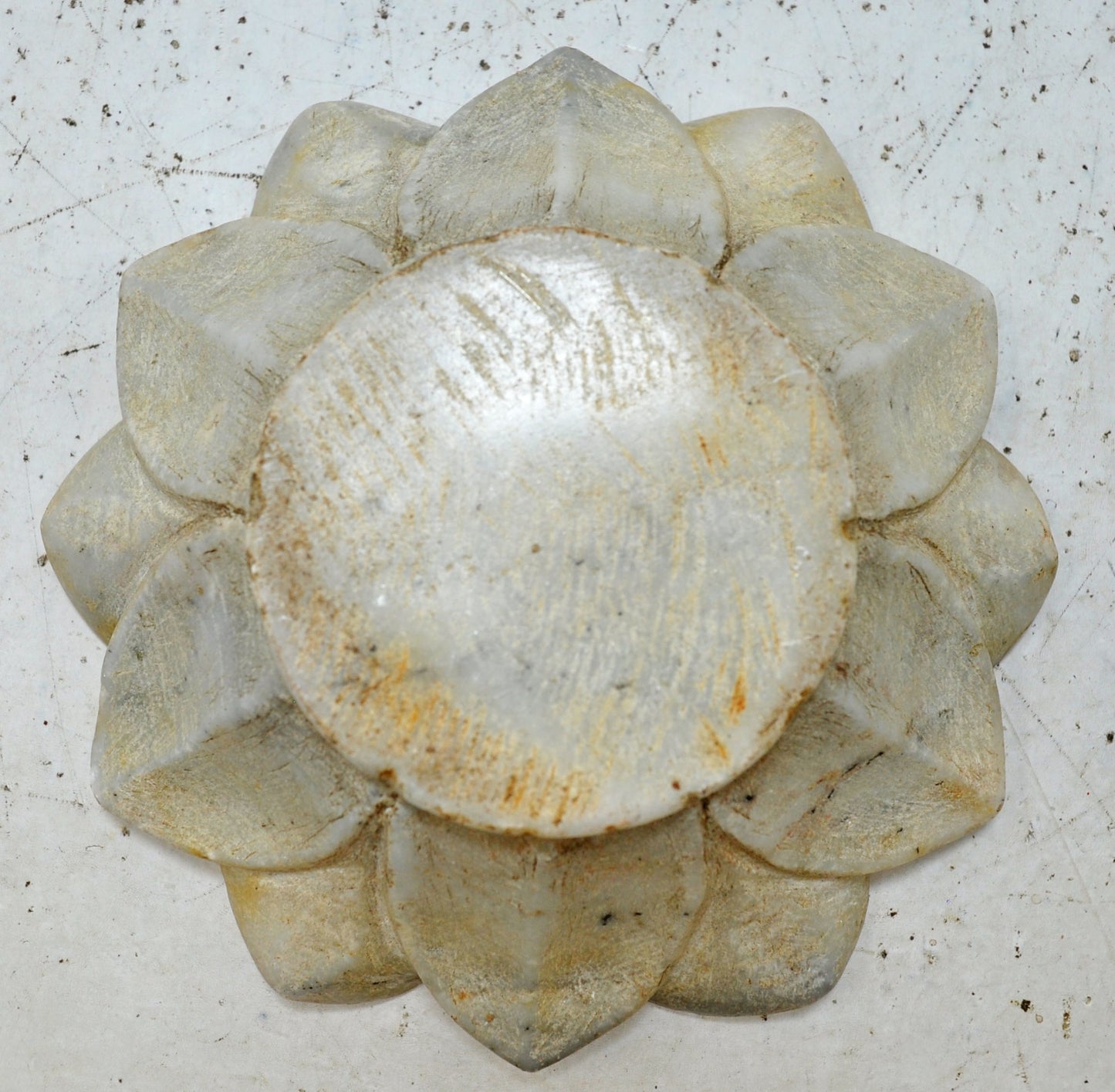 Vintage White Marble Lotus Shaped Flower Bowl Original Old Hand Carved