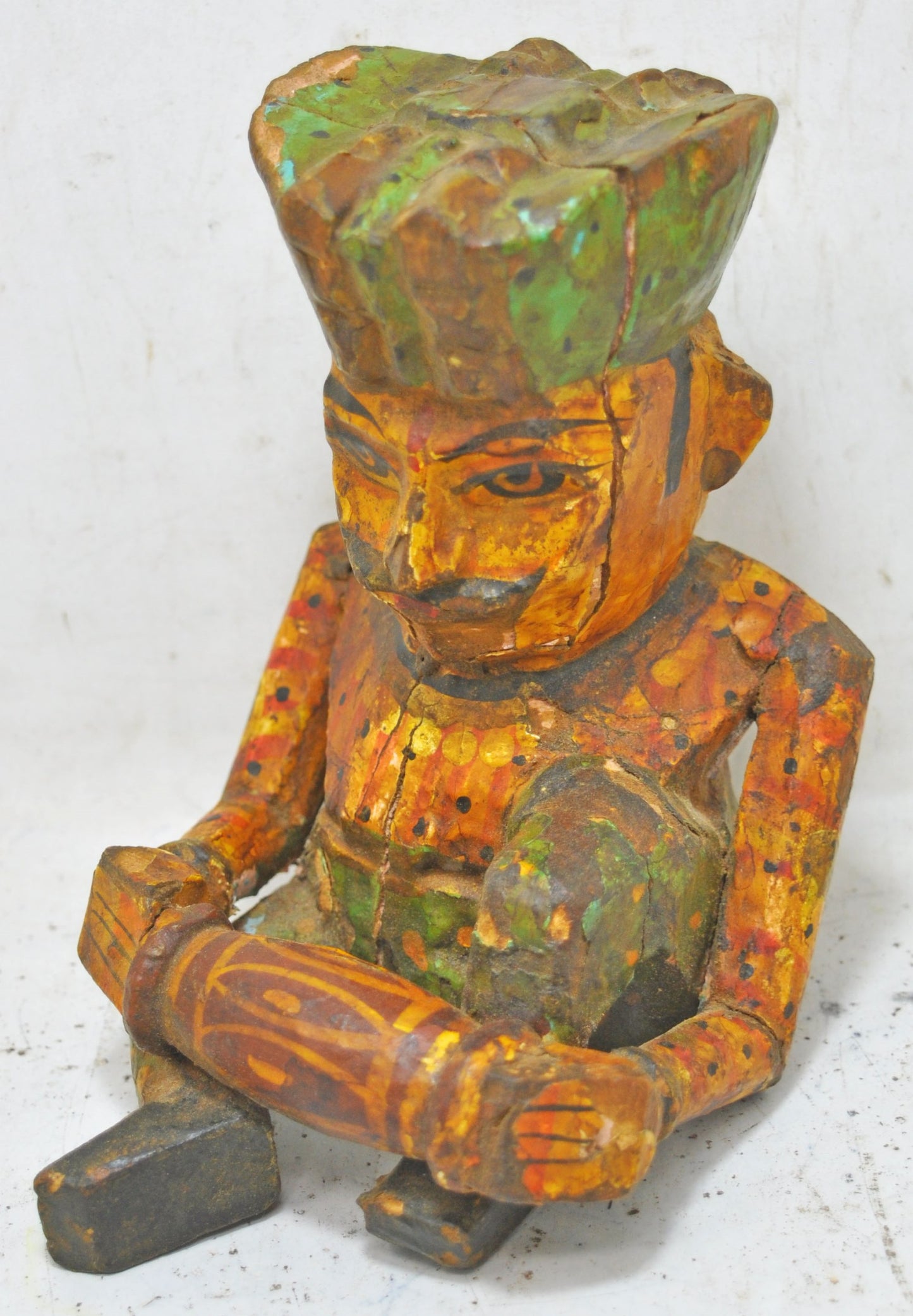 Vintage Wooden Musician Man Figurine Original Old Hand Carved Painted