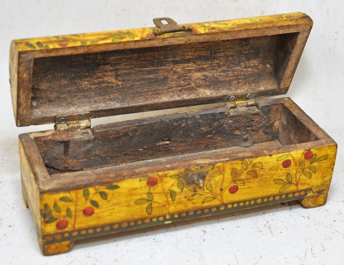 Vintage Wooden Pencil Stationary Box Original Old Hand Crafted Floral Painted