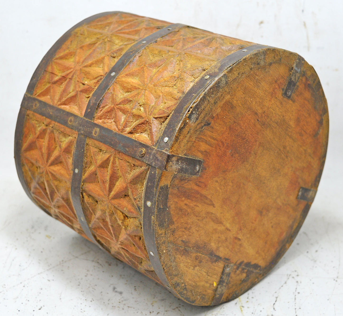 Vintage Wooden Round Grain Measurement Pot Mana Original Old Carved Metal Fitted
