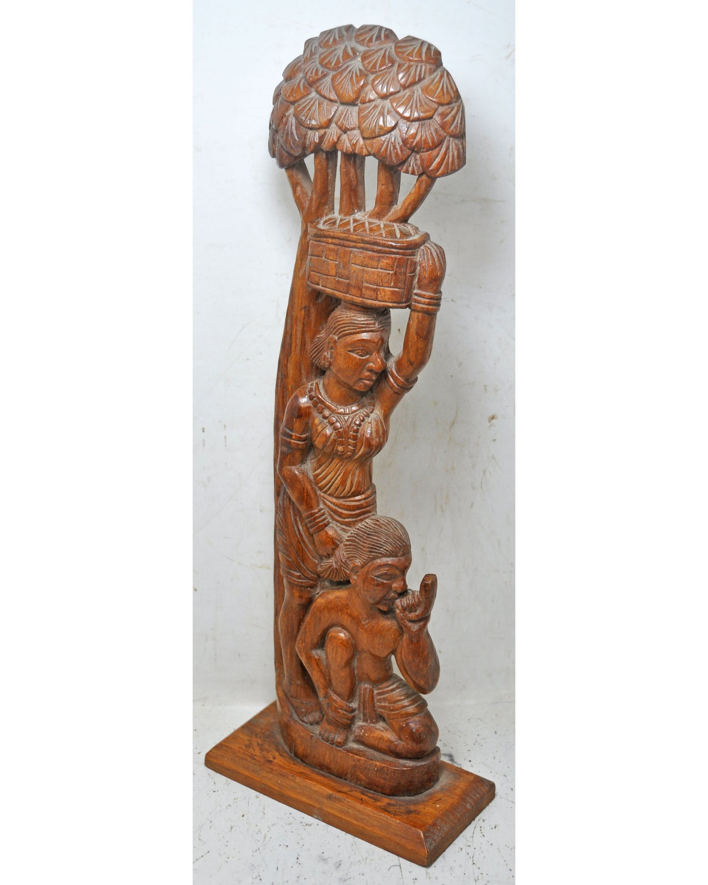 Antique Wooden Tall Woman and Man Figurine Original Old Fine Hand Carved
