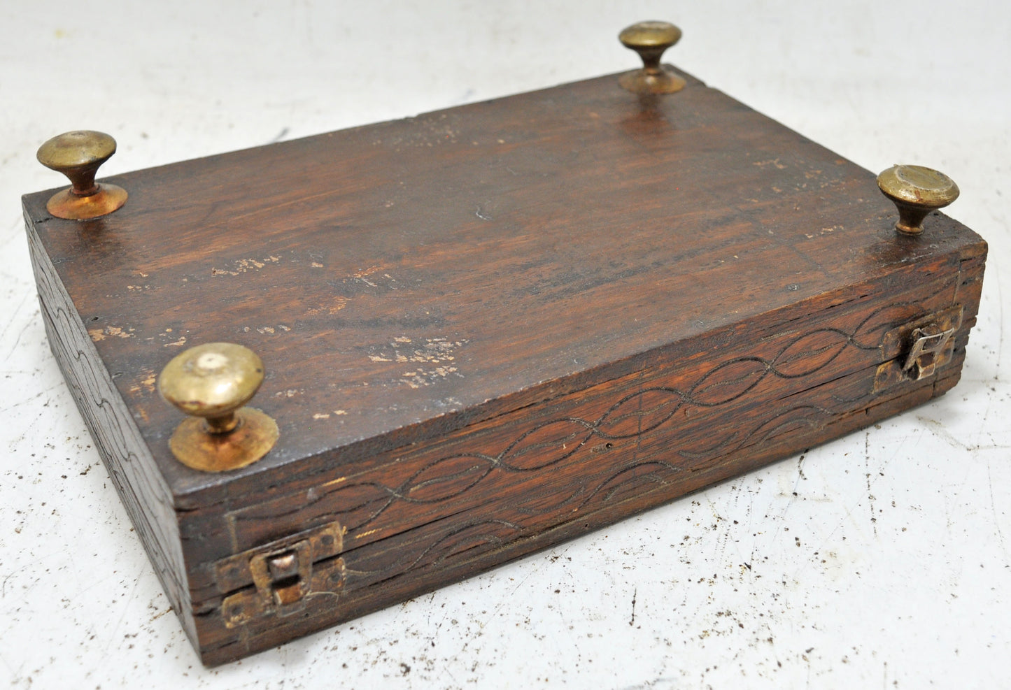 Antique Wooden Vanity Jewellery Box Original Old Fine Brass Inlay Hand Crafted