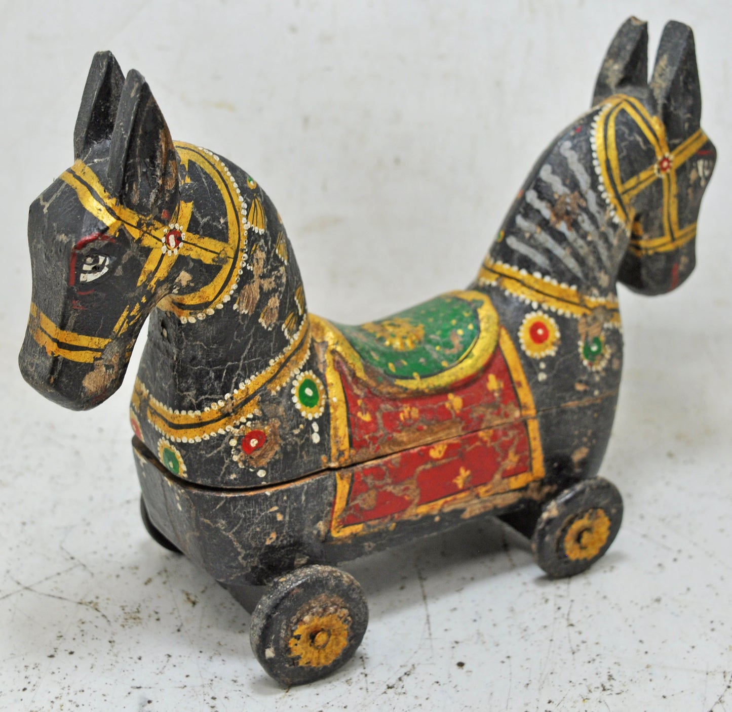 Hand Carved Wooden Horse on Wheels Figurine Spice Box Fine Hand Painted
