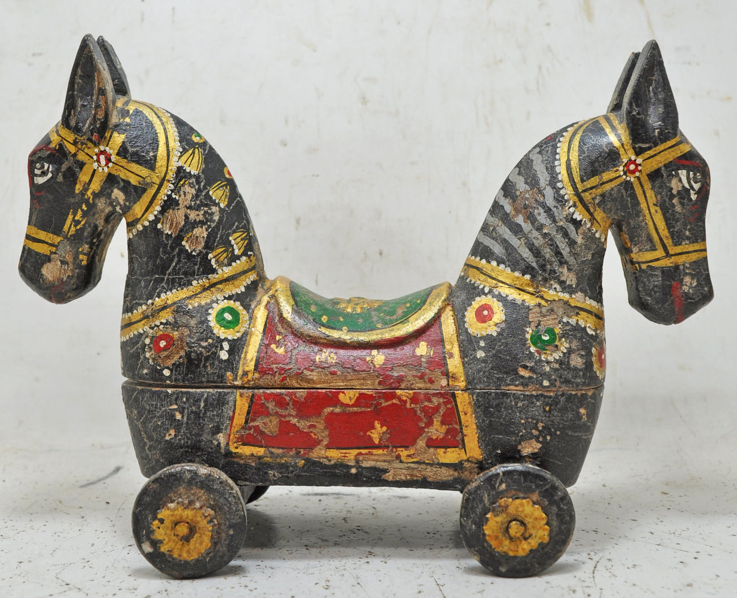 Hand Carved Wooden Horse on Wheels Figurine Spice Box Fine Hand Painted