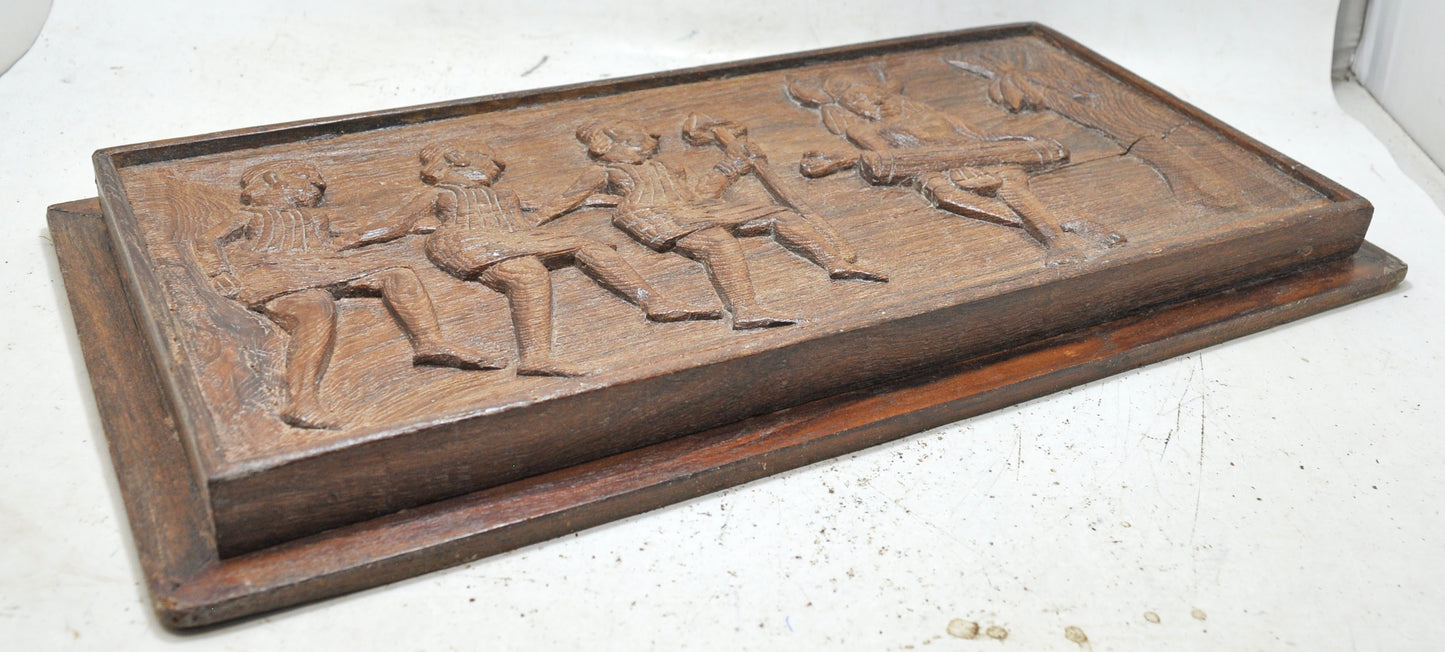 Antique Wooden Very Fine Musicial Procession Carving Wall Panel Original Old