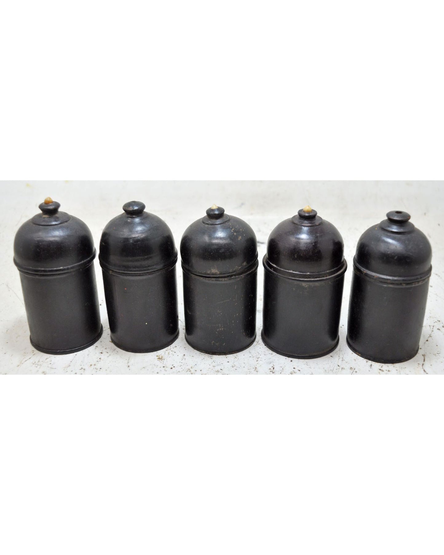 Vintage Lot of 6 Wooden Round Candy Boxes Original Old Black Lacquer Painted