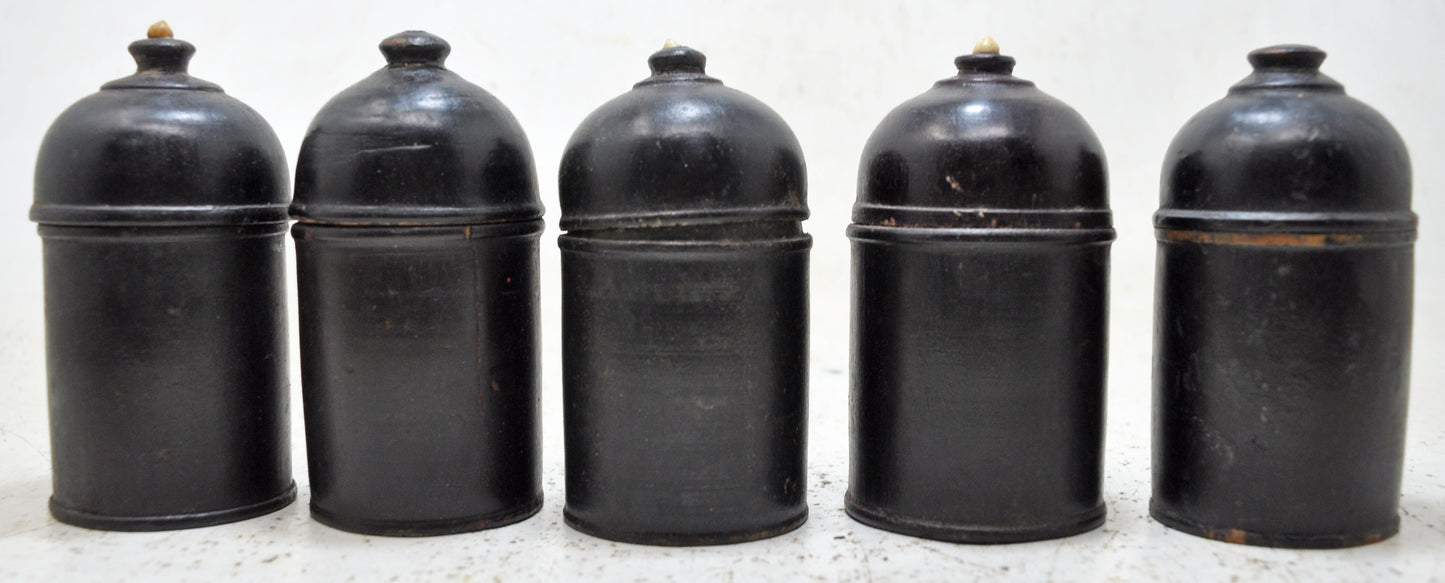 Vintage Lot of 6 Wooden Round Candy Boxes Original Old Black Lacquer Painted