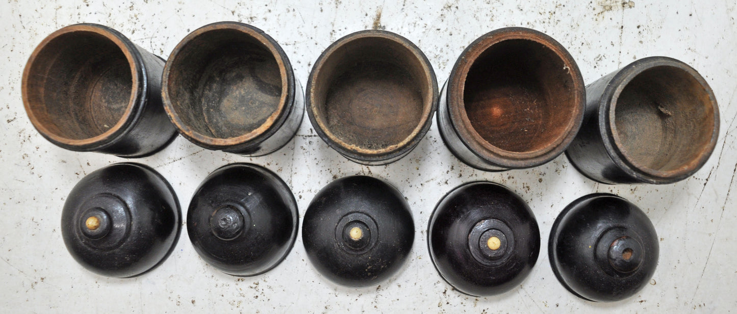 Vintage Lot of 6 Wooden Round Candy Boxes Original Old Black Lacquer Painted