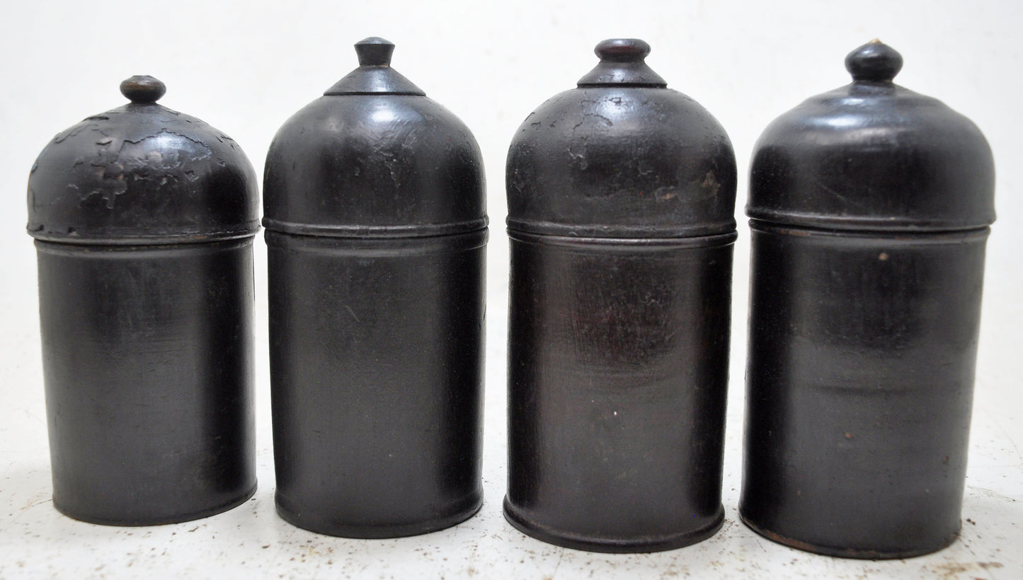 Vintage Lot of 4 Wooden Round Candy Boxes Original Old Black Lacquer Painted