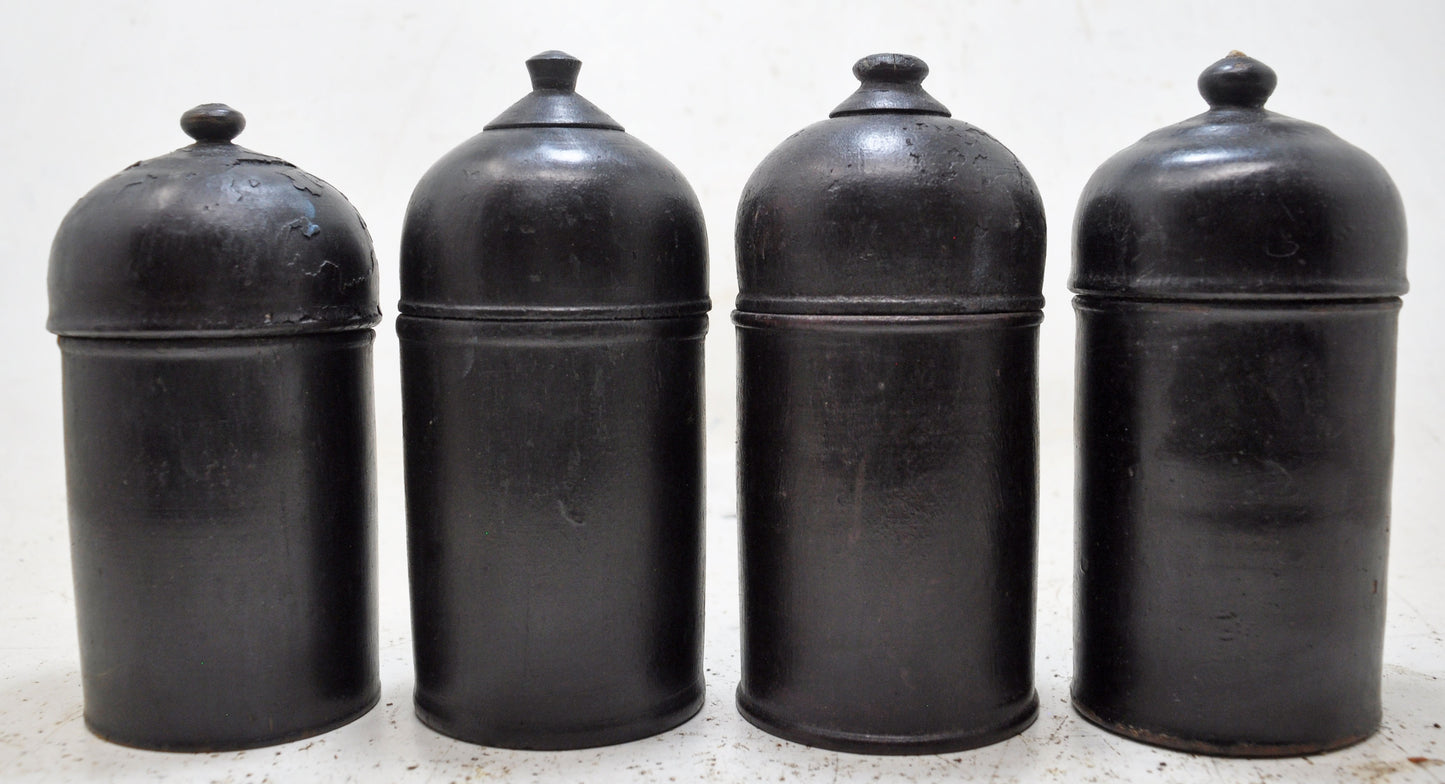 Vintage Lot of 4 Wooden Round Candy Boxes Original Old Black Lacquer Painted