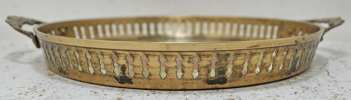 Antique Brass Round Decorative Tray Original Old Very Fine Engraved Painted