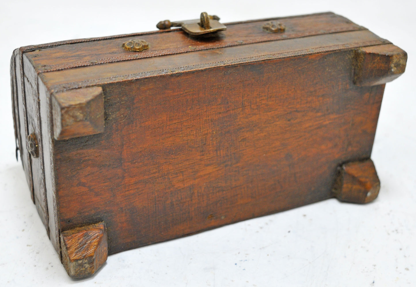 Vintage Wooden Half Round Jewellery Storage Box Original Old Hand Crafted Brass Fitted