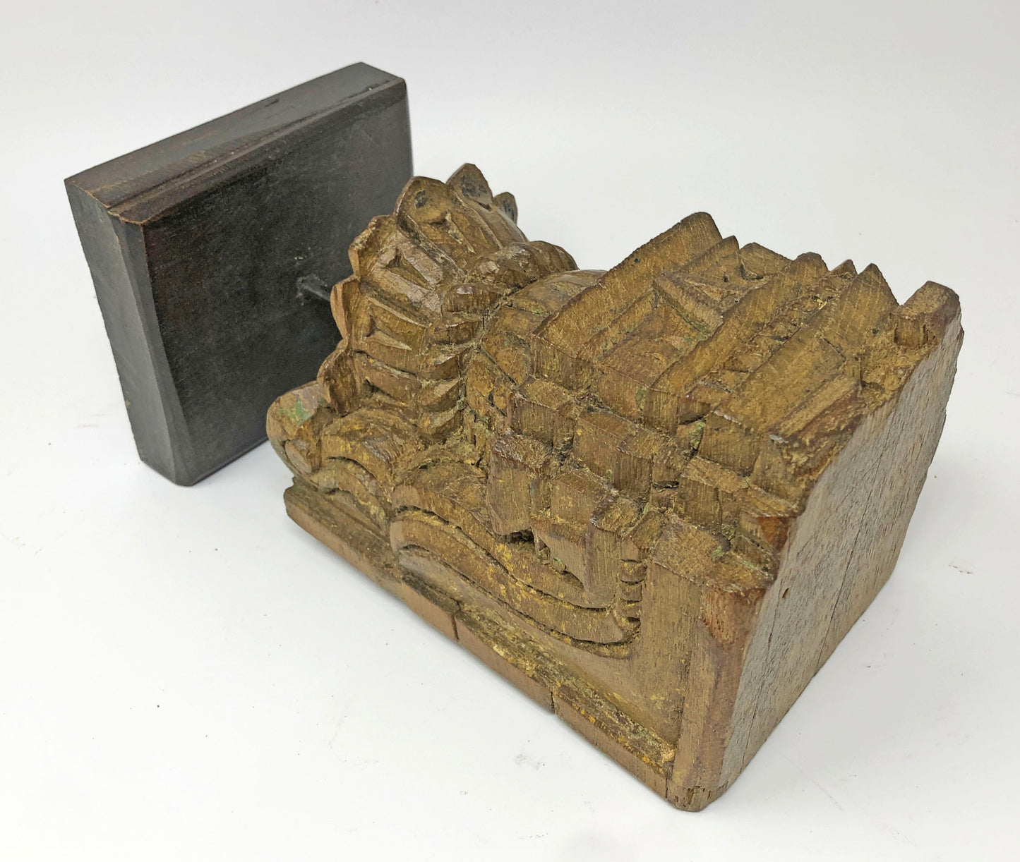 Antique Wooden Carving Bracket Panel on Stand Original Old Fine Hand Carved Polychrome