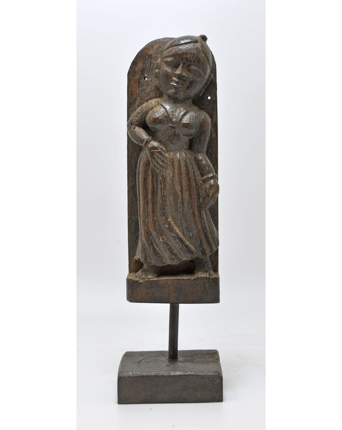 Antique Wooden Woman Figurine on Stand Original Old Fine Hand Carved