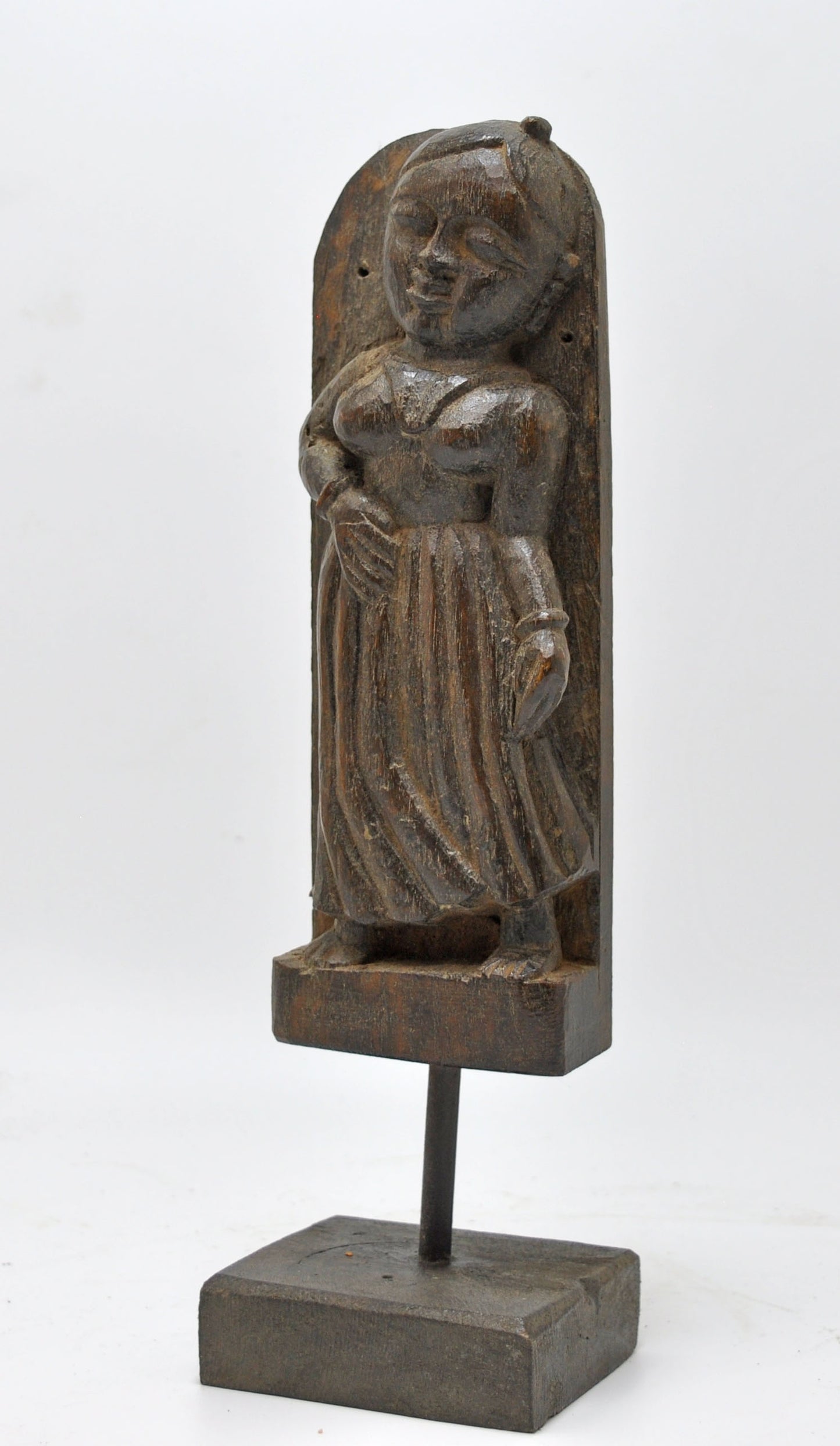 Antique Wooden Woman Figurine on Stand Original Old Fine Hand Carved