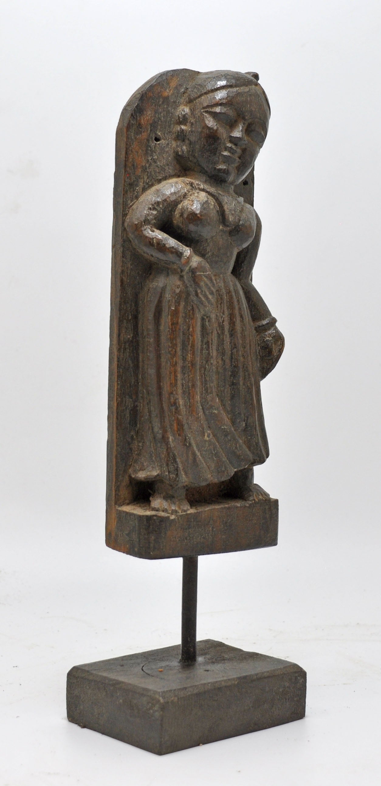 Antique Wooden Woman Figurine on Stand Original Old Fine Hand Carved