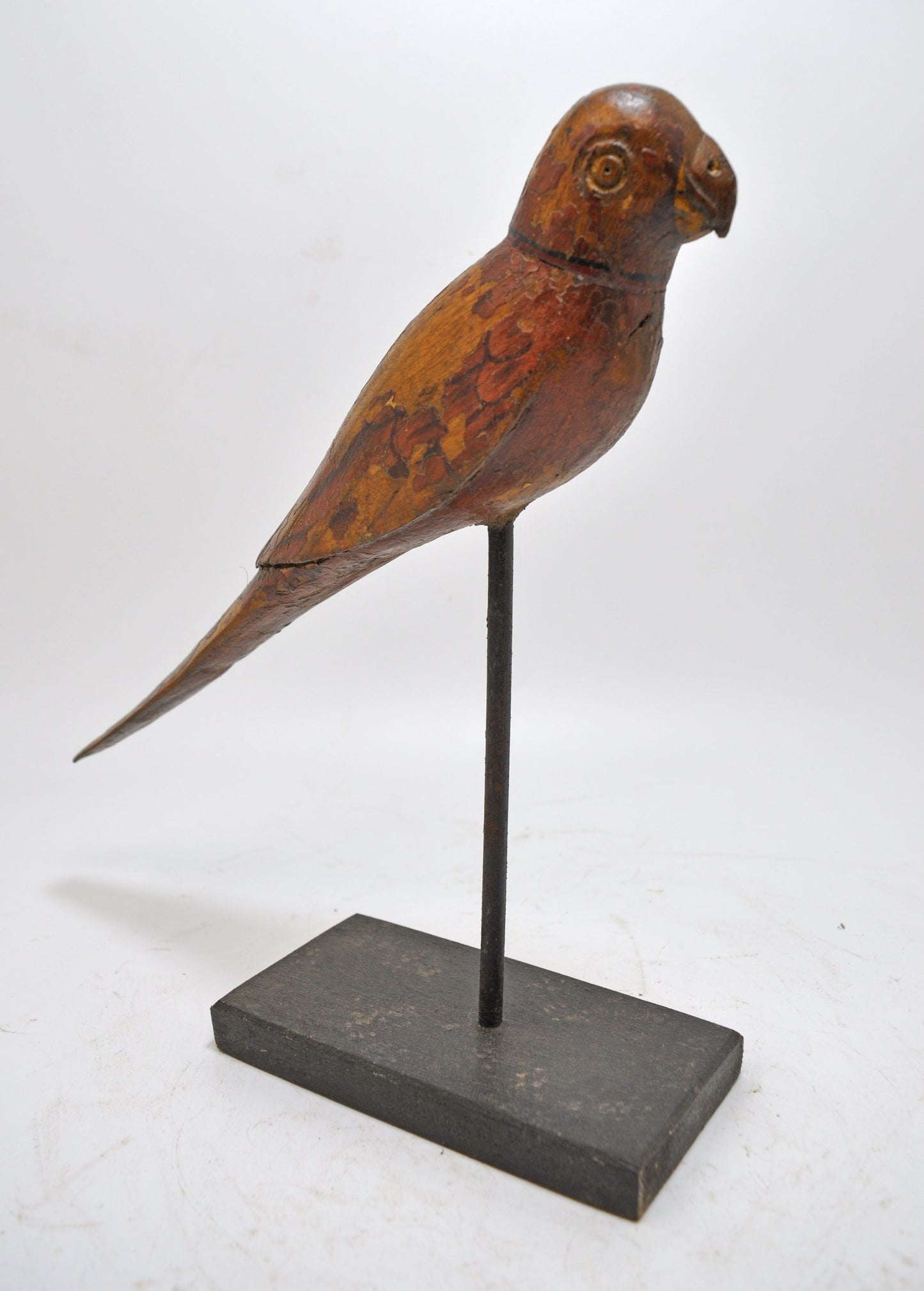 Vintage Wooden Parrot Bird Figurine on Stand Original Old Hand Carved