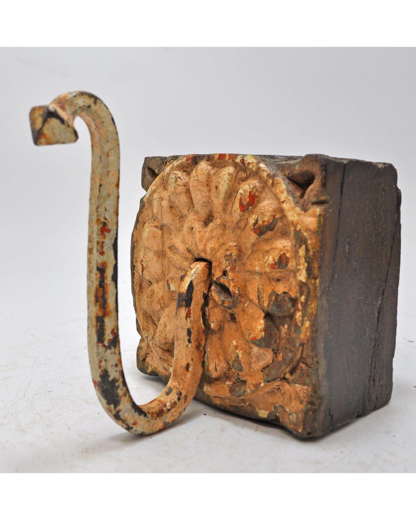 Antique Wooden Wall Hanging 1 Hook Hanger Original Old Hand Carved Polychrome