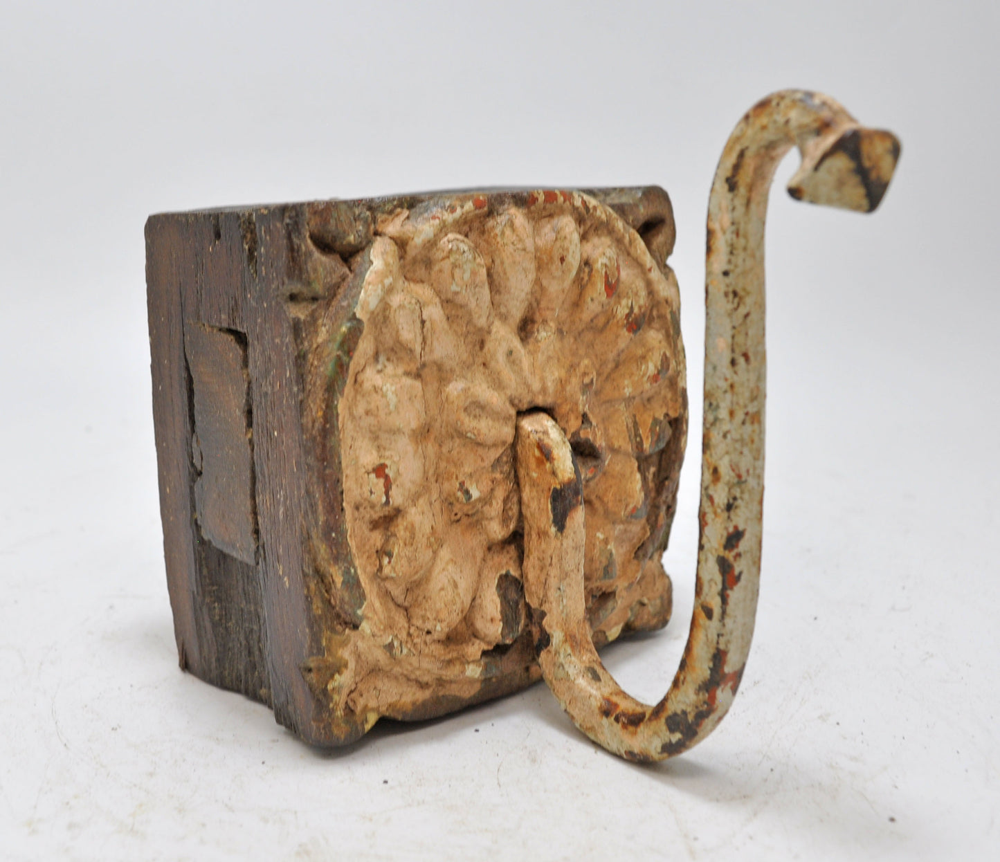 Antique Wooden Wall Hanging 1 Hook Hanger Original Old Hand Carved Polychrome