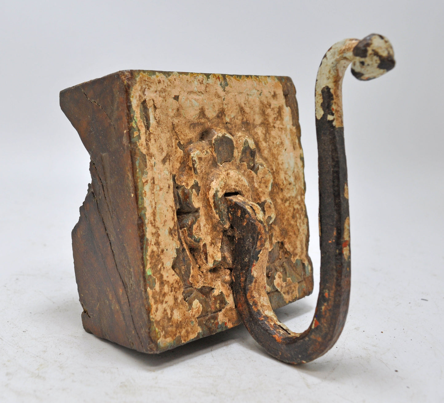 Antique Wooden Wall Hanging 1 Hook Hanger Original Old Hand Carved Polychrome