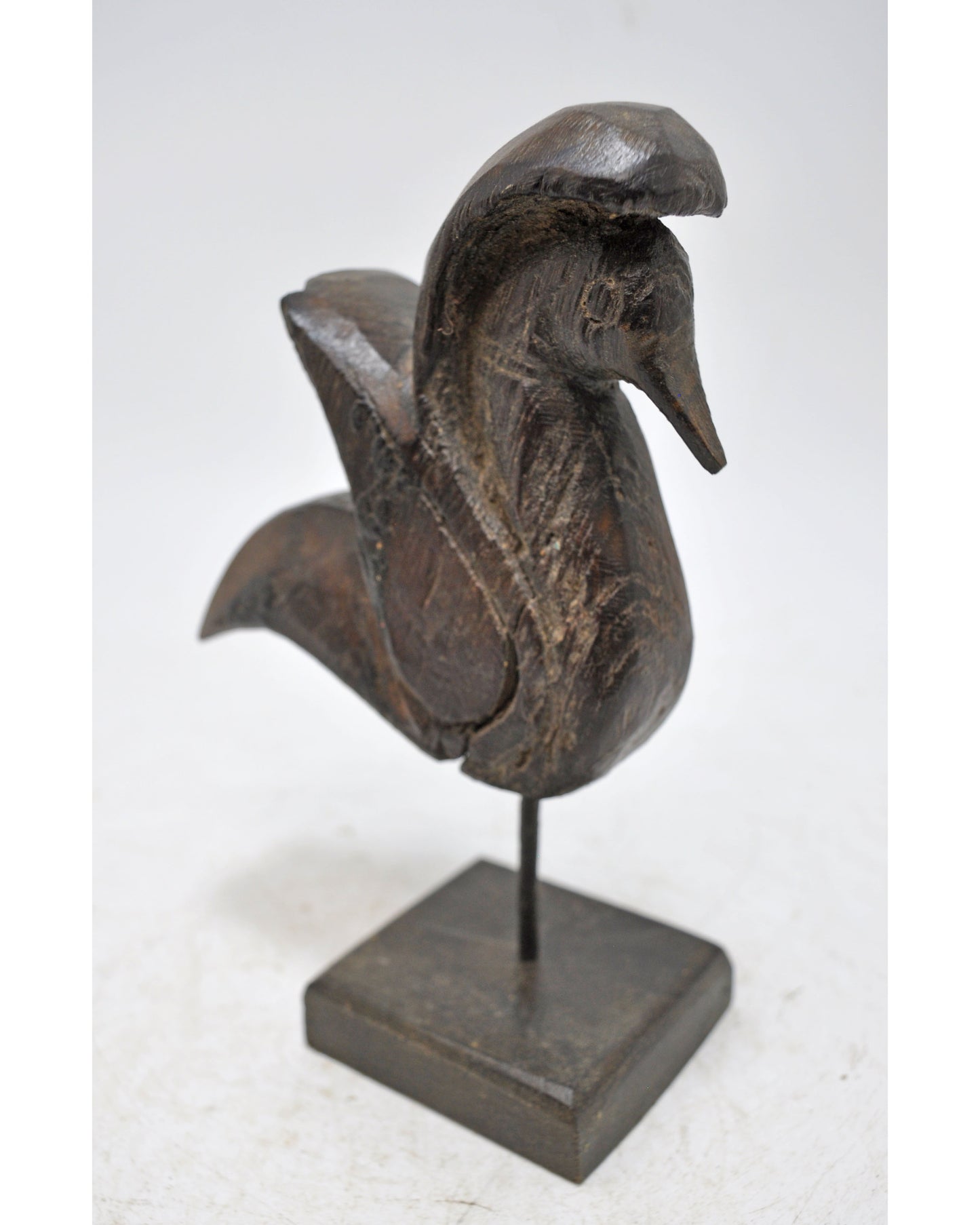Vintage Wooden Small Bird Figurine on Stand Original Old Hand Carved