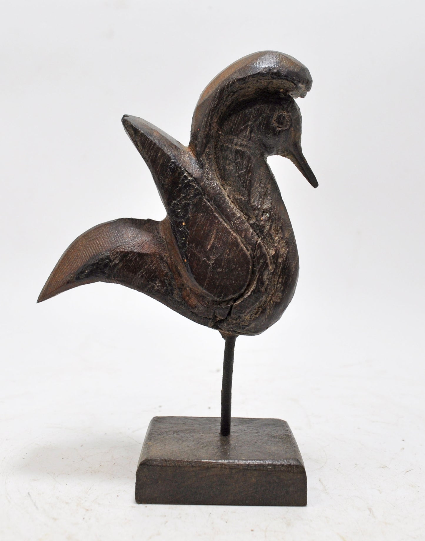 Vintage Wooden Small Bird Figurine on Stand Original Old Hand Carved