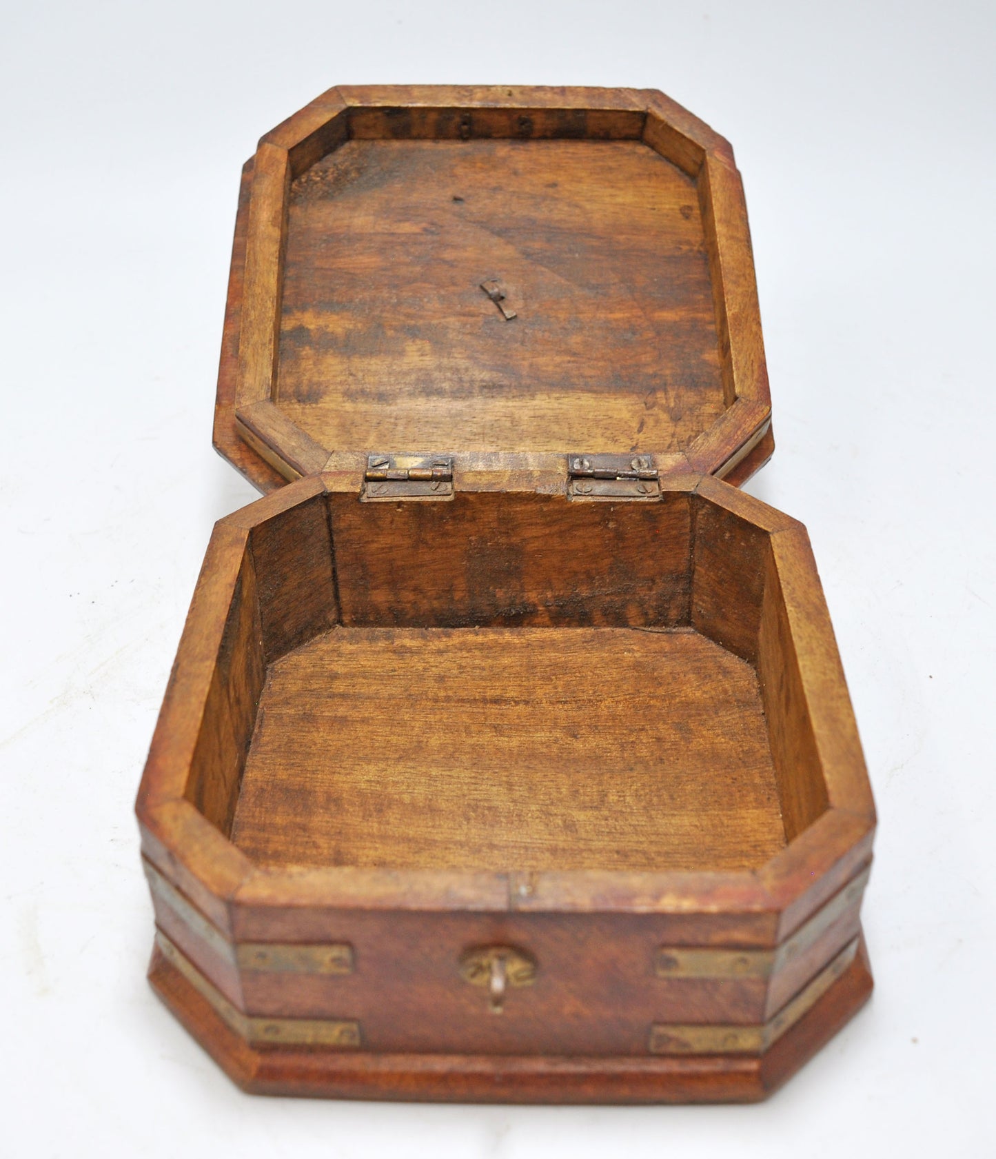Vintage Wooden Square Jewellery Storage Box Original Old Hand Crafted Brass Fitted